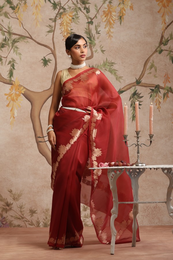 Rust Pure Organza Banarasi Handloom Sautri Saree