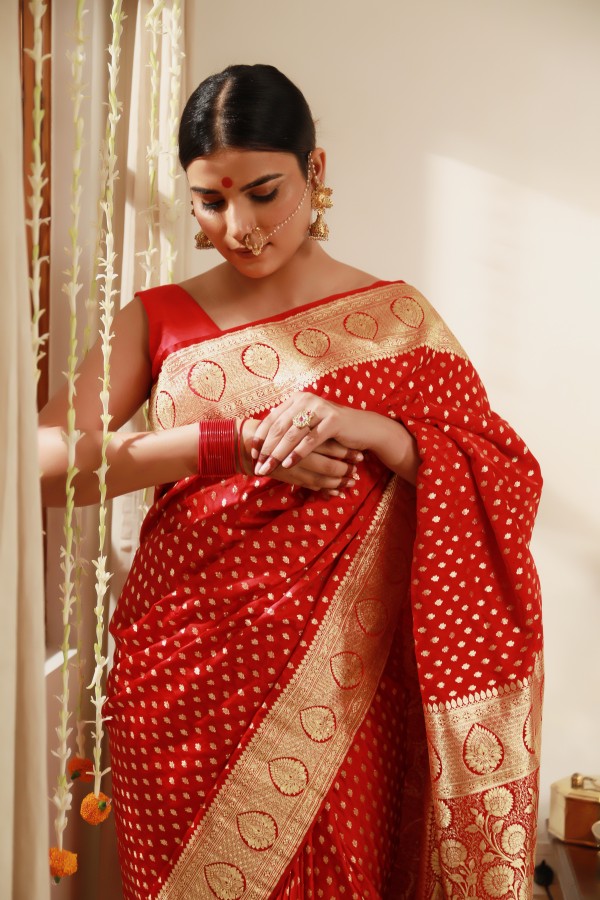 Handwoven Red Satan Sari
