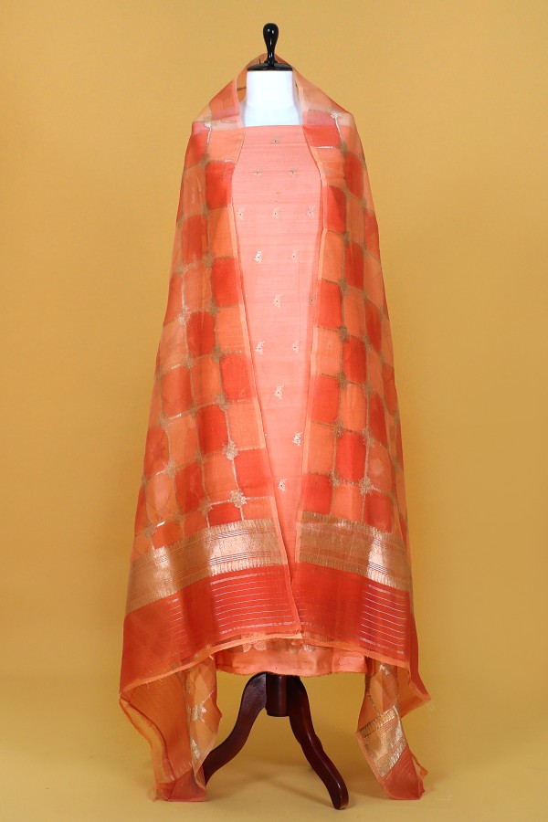 Handwoven Peach Banarasi Moonga Suit Peice