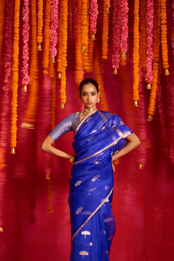 Royal Blue Pure Organza Banarasi Handloom Sautri Saree