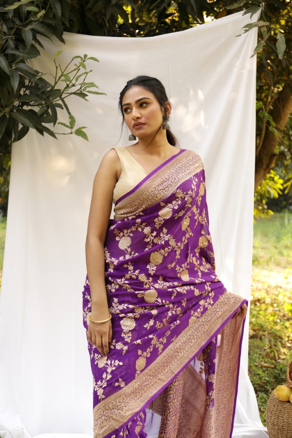 Handwoven Purple colour banarasi Georgette saree