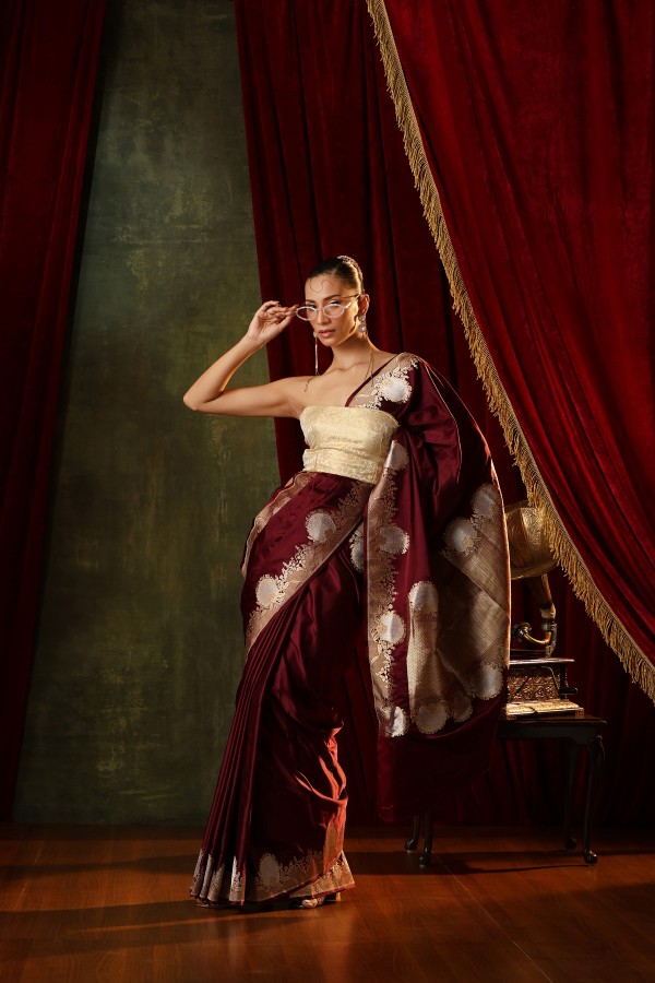 Wine Pure Soft Satin Silk Banarasi Handloom Saree