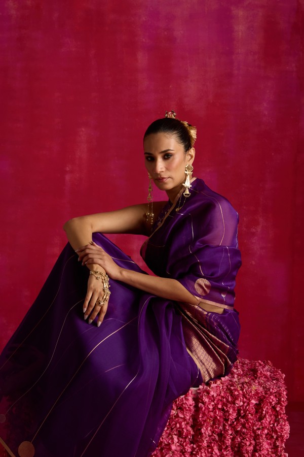 Purple Pure Organza Banarasi Handloom Sautri Saree