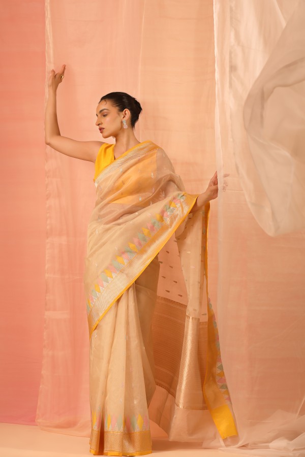 Cream-yellow Pure Kora Silk Banarasi Handloom Saree