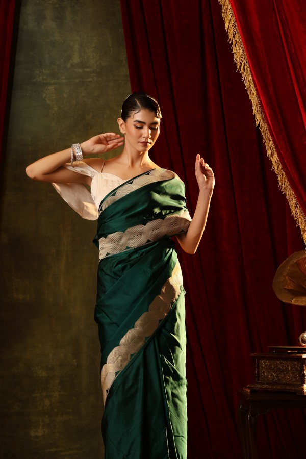 Green Pure Soft Satin Silk Banarasi Handloom Saree