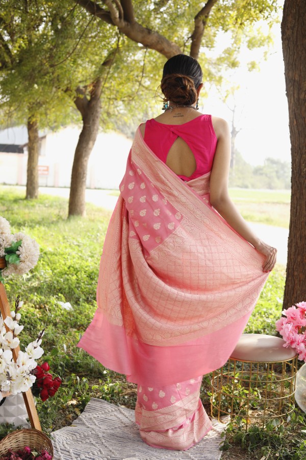 Handwoven ligth pink colour banarasi moonga Georgette saree
