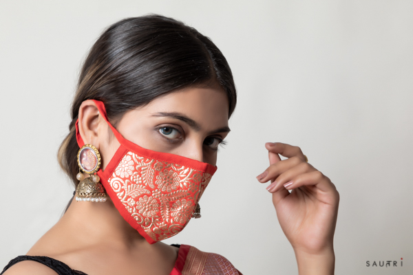 Handwoven red colour silk mask
