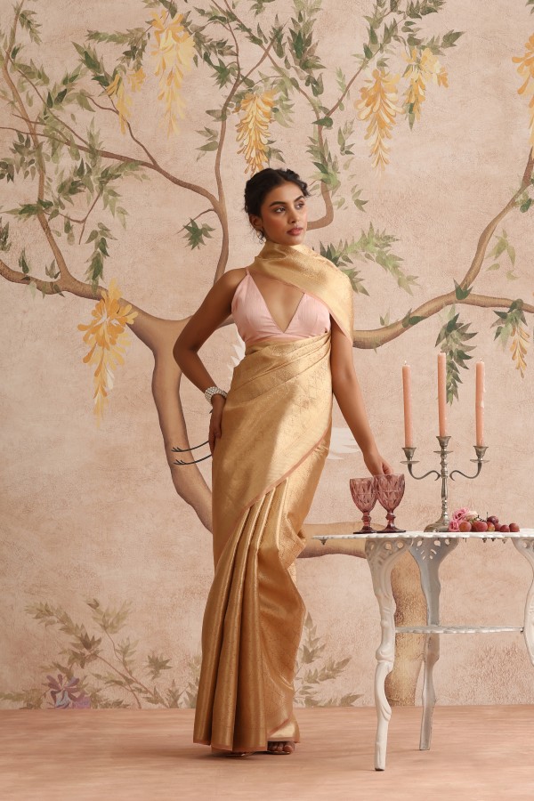 Light Copper Pink Pure Organza Brocade Banarasi Saree