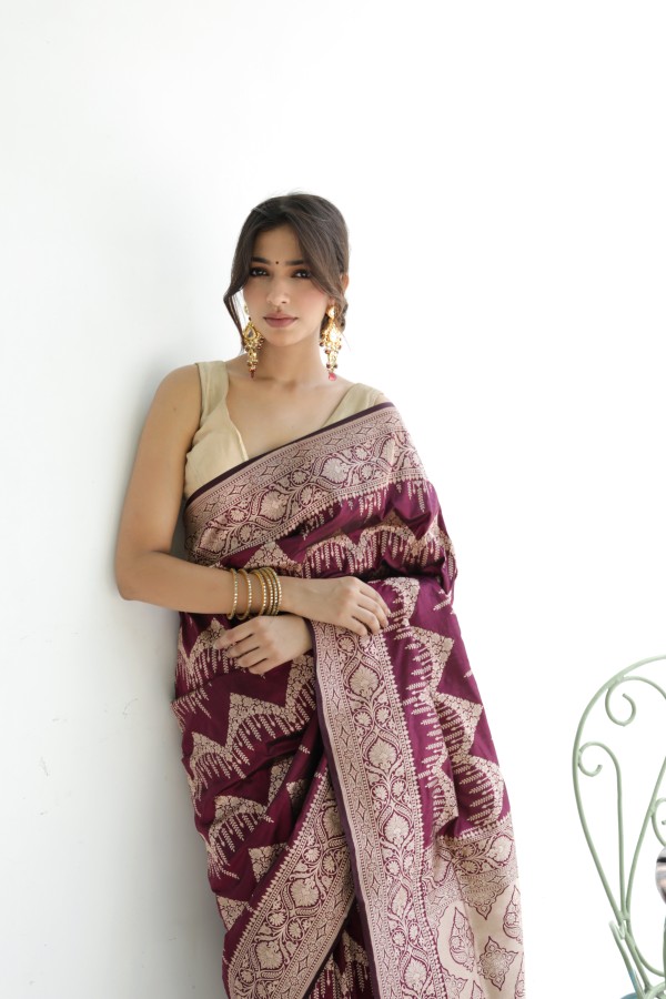 Handwoven Wine colour banarasi Silk saree