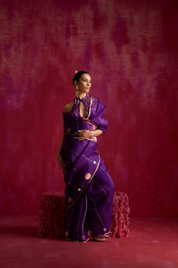 Purple Pure Organza Banarasi Handloom Sautri Saree