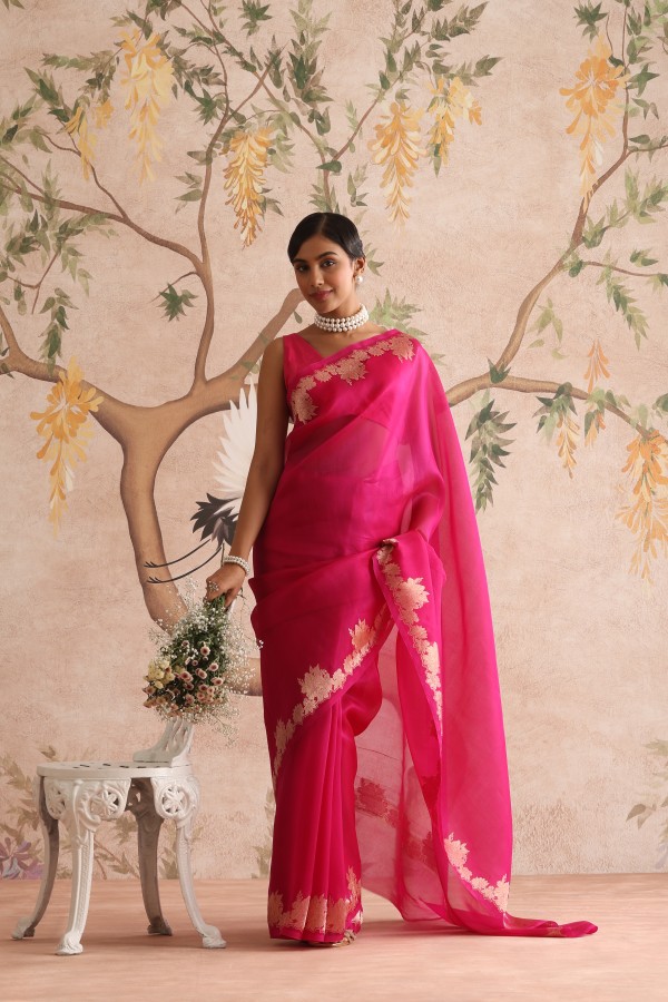 Pink Pure Organza Banarasi Handloom Sautri Saree