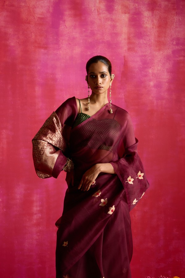Wine Pure Organza Banarasi Handloom Sautri Saree