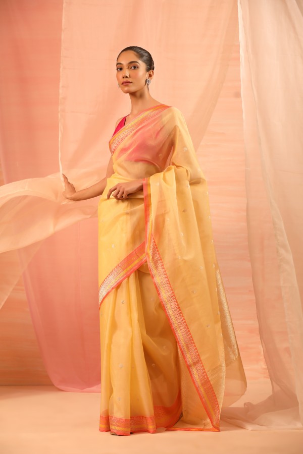Pastel Yellow Pure Kora Silk Banarasi Handloom Saree