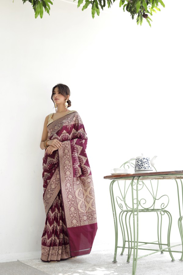 Handwoven Wine colour banarasi Silk saree