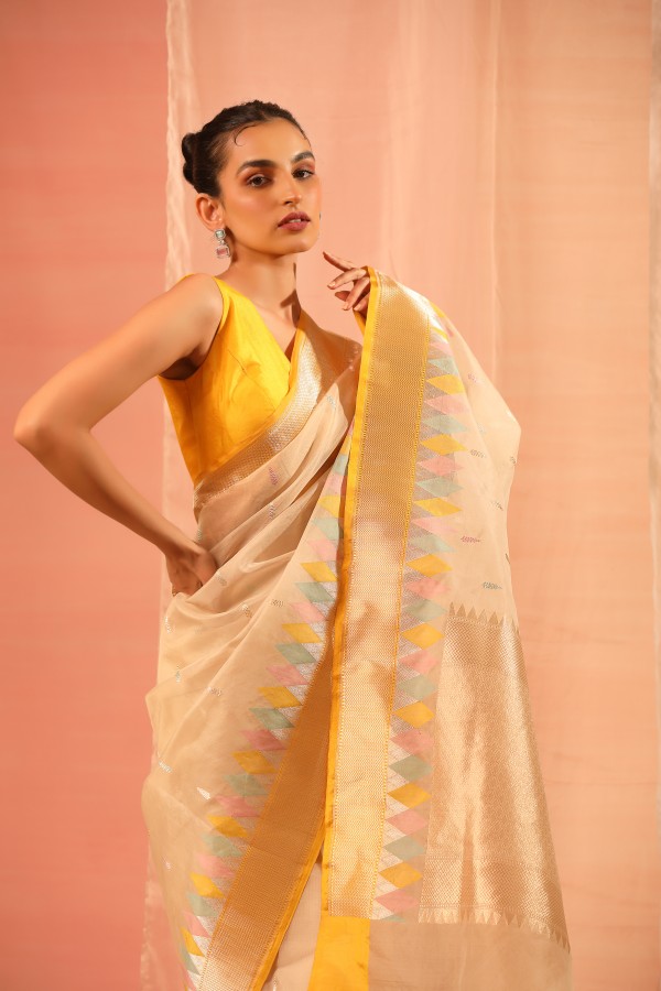 Cream-yellow Pure Kora Silk Banarasi Handloom Saree