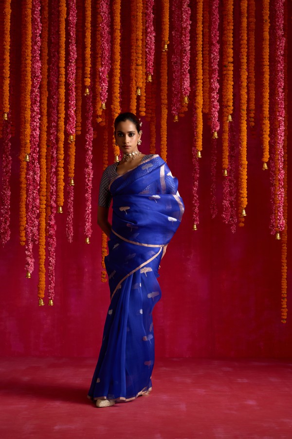 Royal Blue Pure Organza Banarasi Handloom Sautri Saree