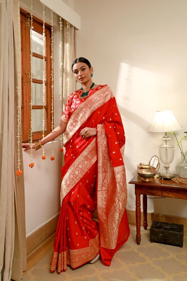 Handwoven Red Satan Sari