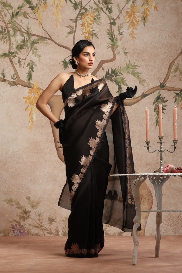 Black Pure Organza Banarasi Handloom Sautri Saree