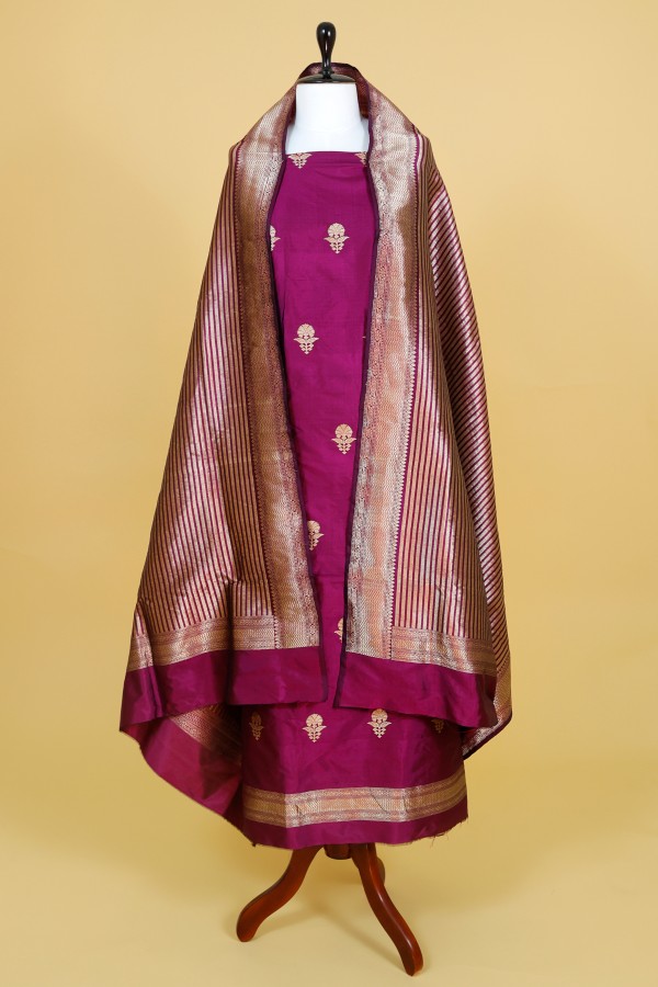 Handwoven Wine Banarasi Silk Suit Peice