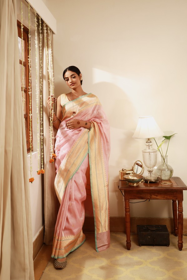 Handwoven Pink Tissue Sari