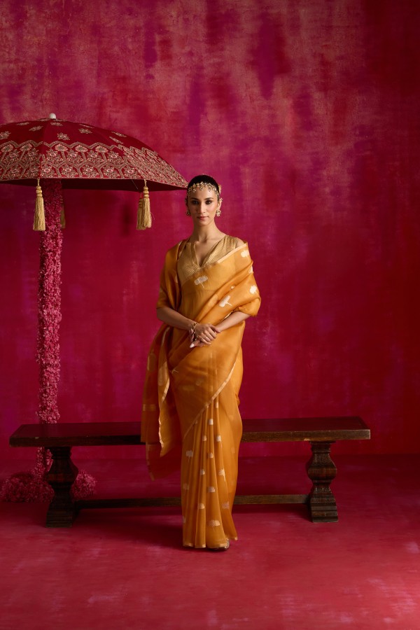 Yellow Mustard Pure Organza Banarasi Handloom Sautri Saree
