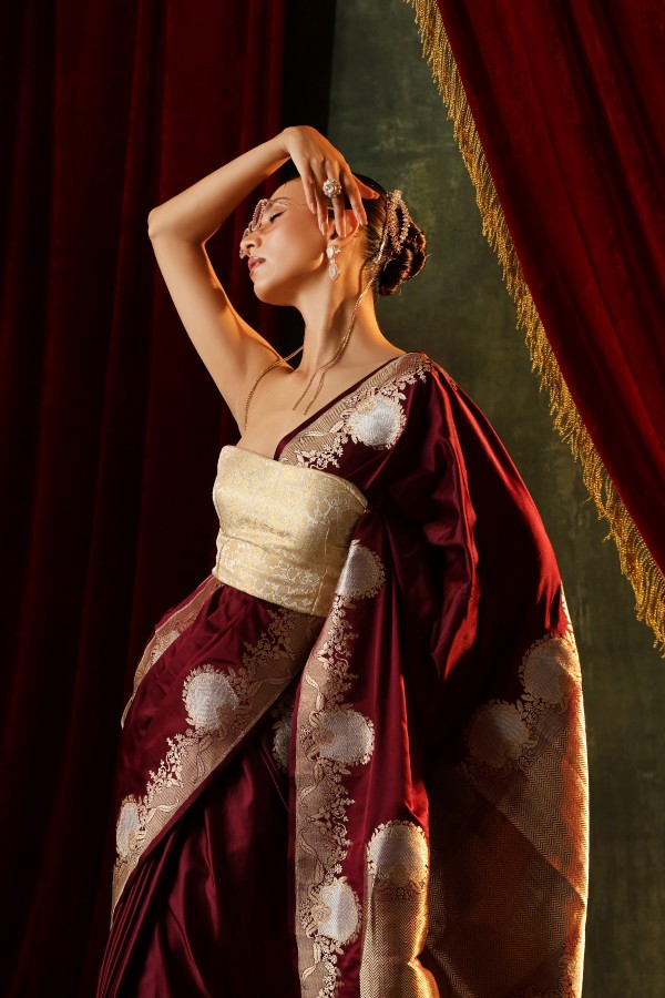 Wine Pure Soft Satin Silk Banarasi Handloom Saree