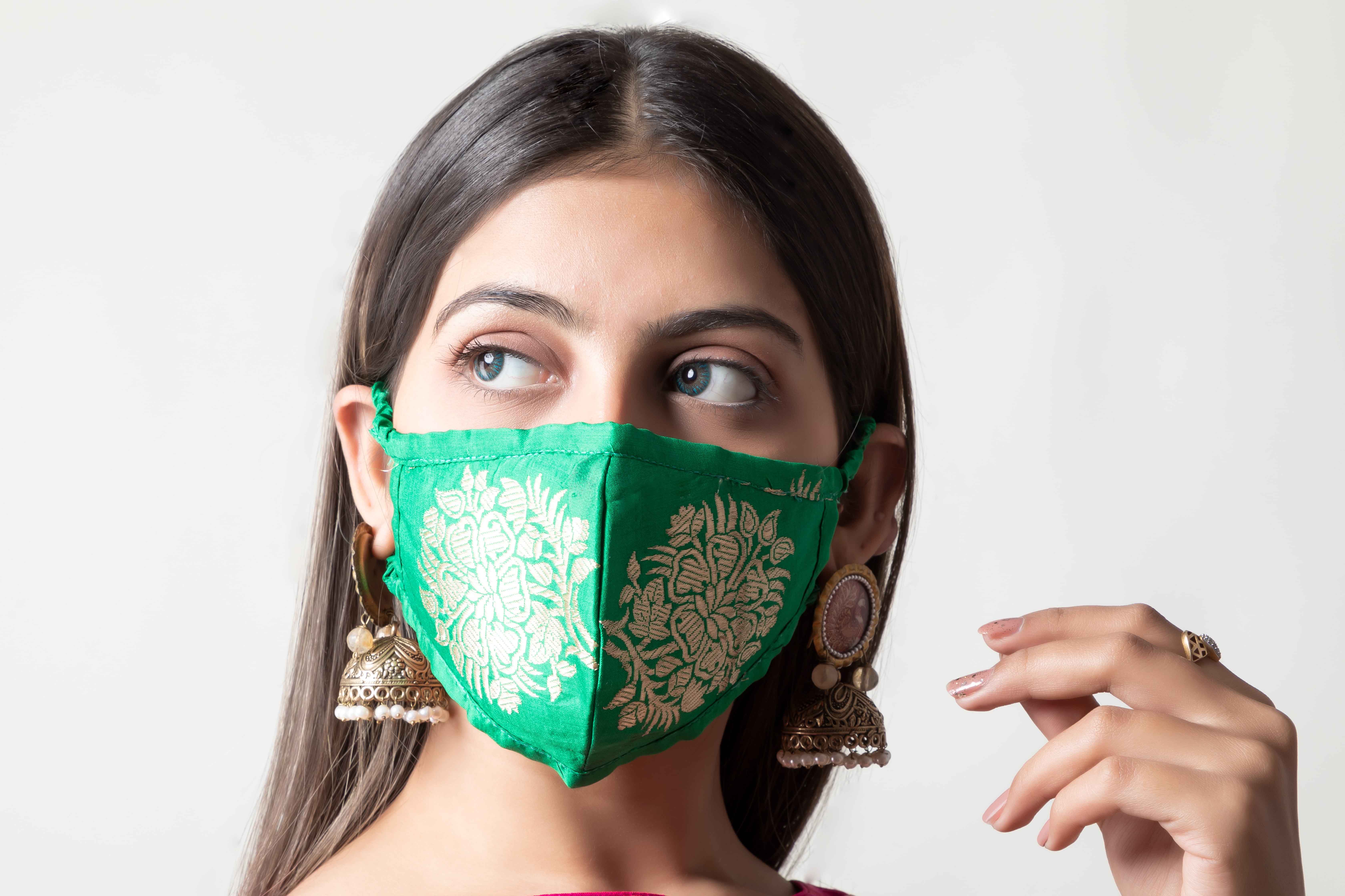 Handwoven green colour silk mask