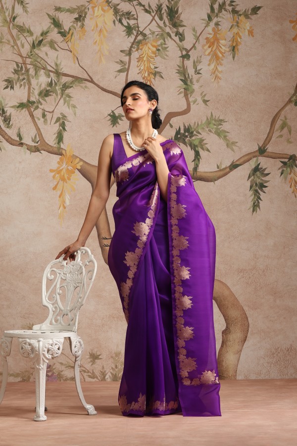 Purple Pure Organza Banarasi Handloom Sautri Saree