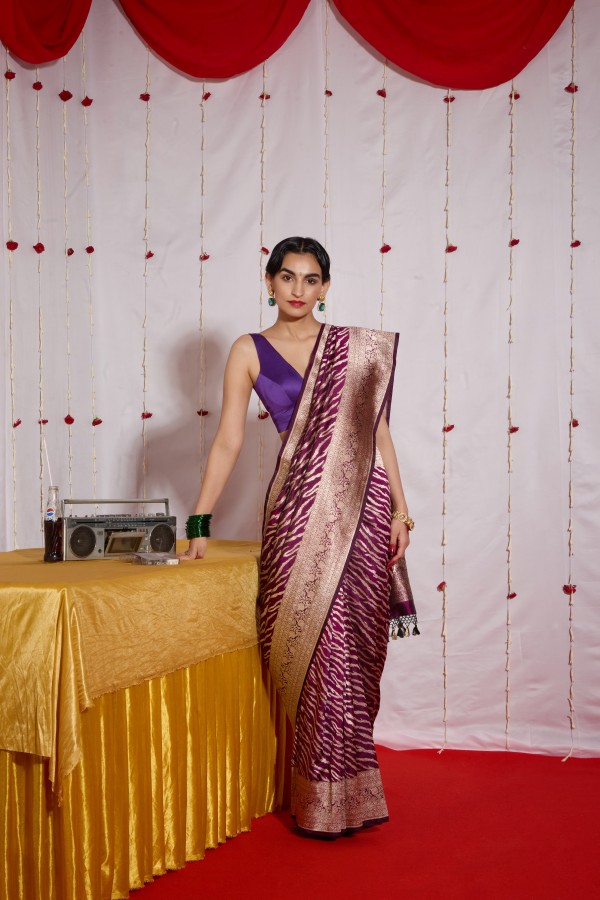 Wine Pure Katan Silk Banarasi Handloom Saree