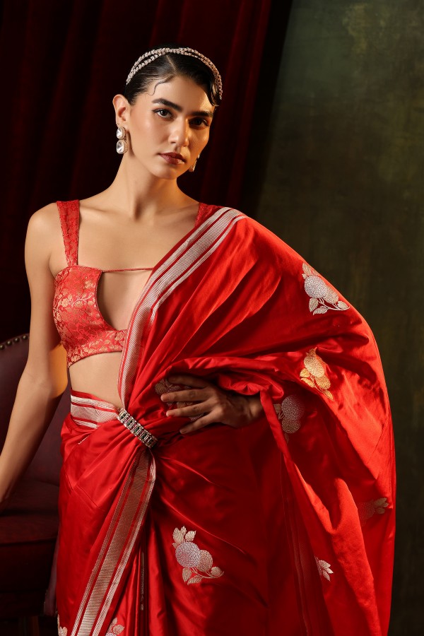 Red Pure Soft Satin Silk Banarasi Handloom Saree
