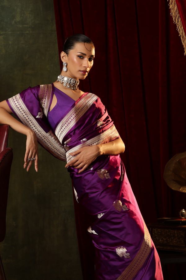 Purple Pure Soft Satin Silk Banarasi Handloom Saree