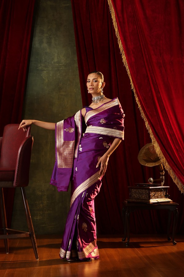 Purple Pure Soft Satin Silk Banarasi Handloom Saree