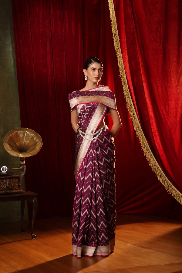 wine Pure Katan Silk Banarasi Handloom Saree