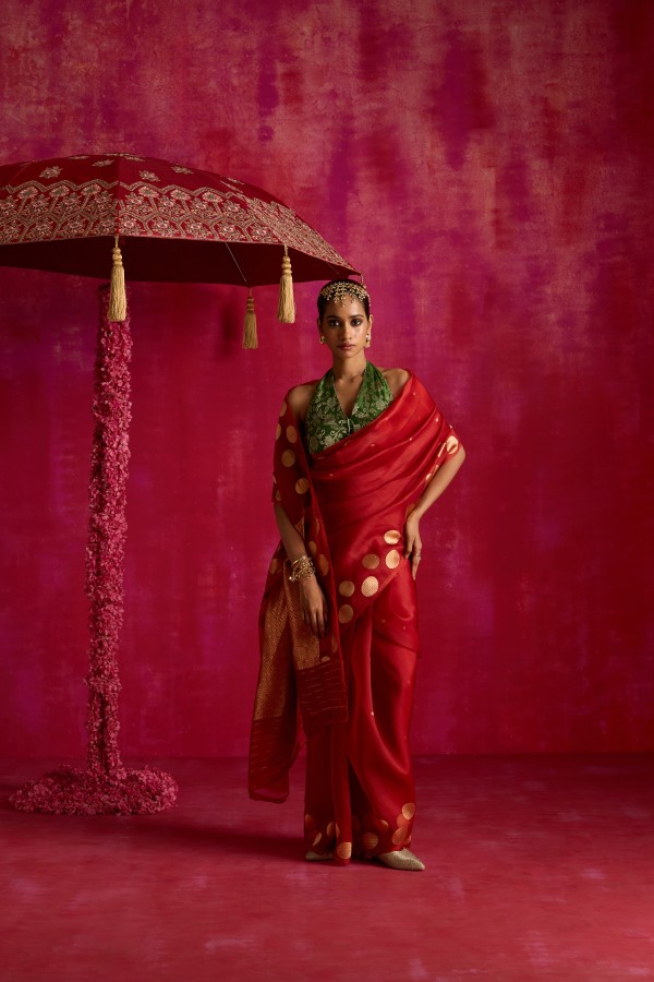 Rust Pure Organza Banarasi Handloom Sautri Saree