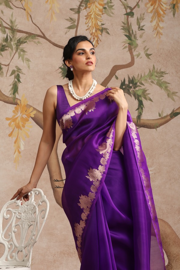 Purple Pure Organza Banarasi Handloom Sautri Saree