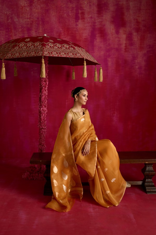 Yellow Mustard Pure Organza Banarasi Handloom Sautri Saree