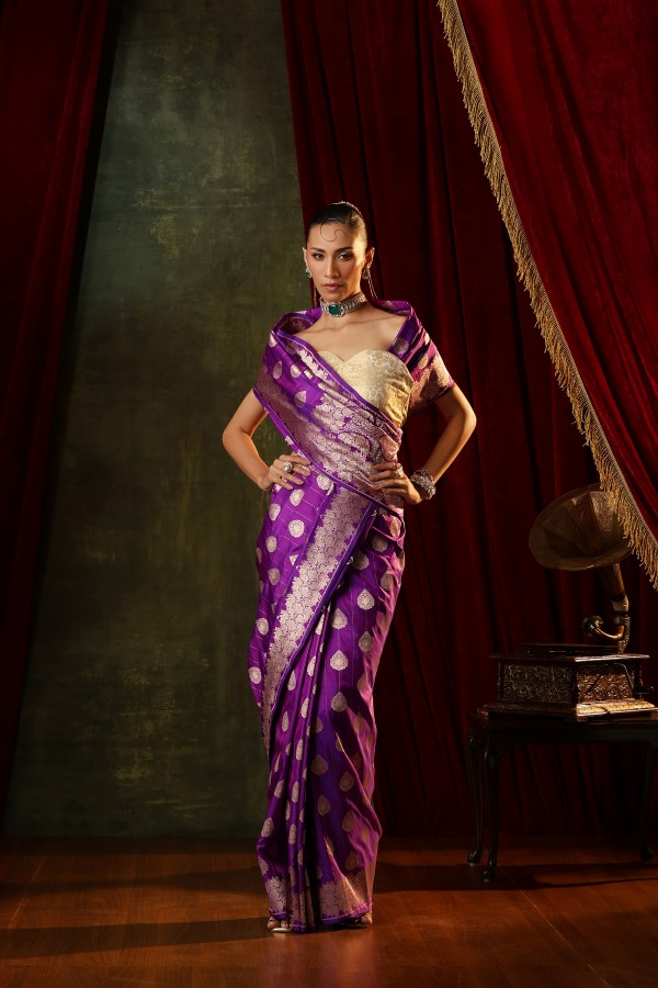 purple Pure Katan Silk Banarasi Handloom Saree