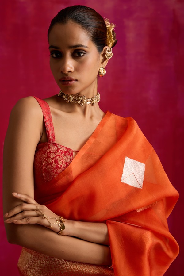 Orange Pure Organza Banarasi Handloom Sautri Saree