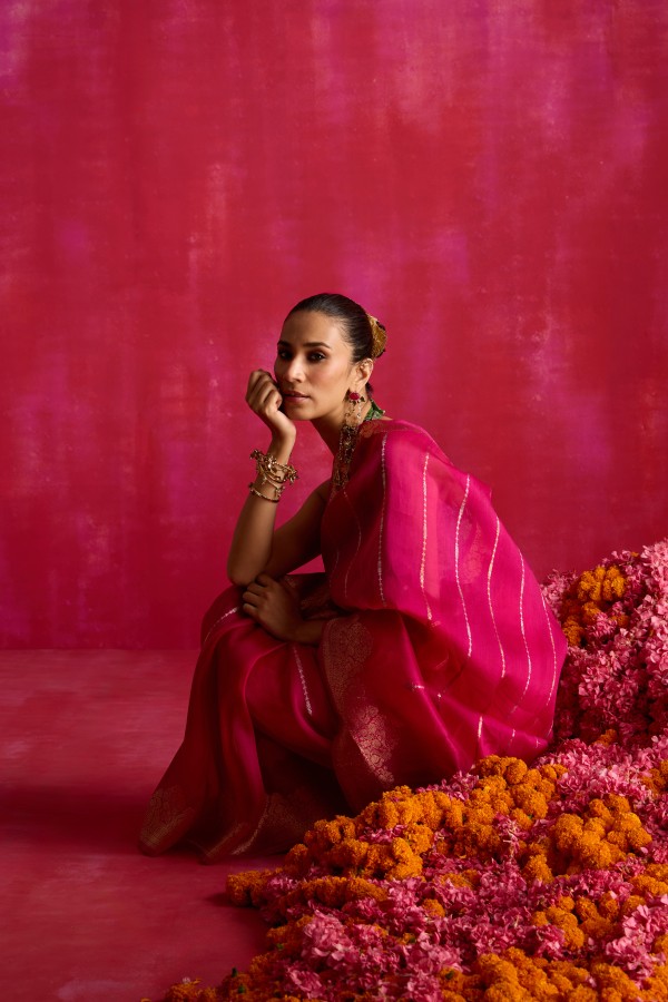 Pink Pure Organza Banarasi Handloom Sautri Saree