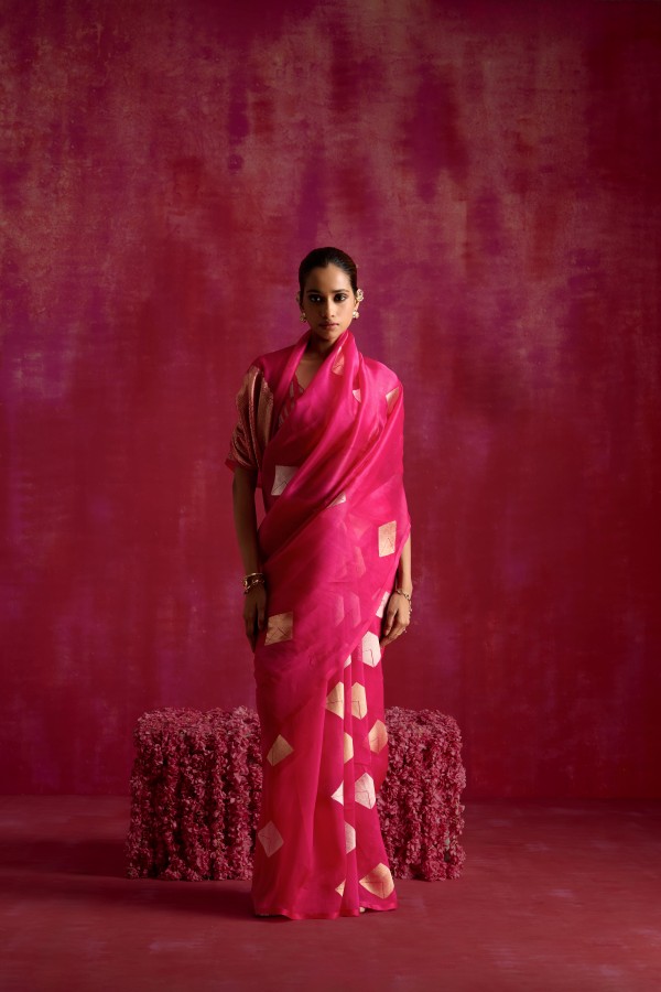  Pink Pure Organza Banarasi Handloom Sautri Saree