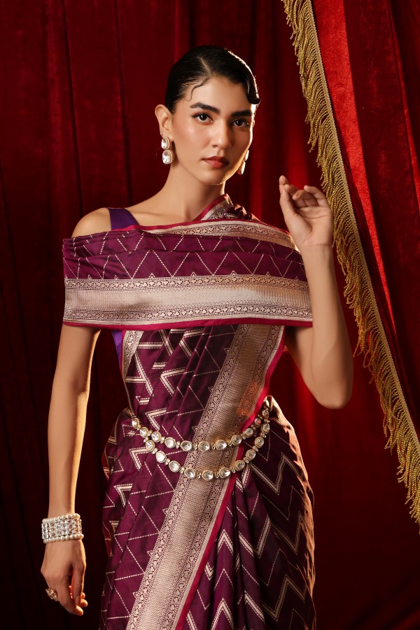wine Pure Katan Silk Banarasi Handloom Saree
