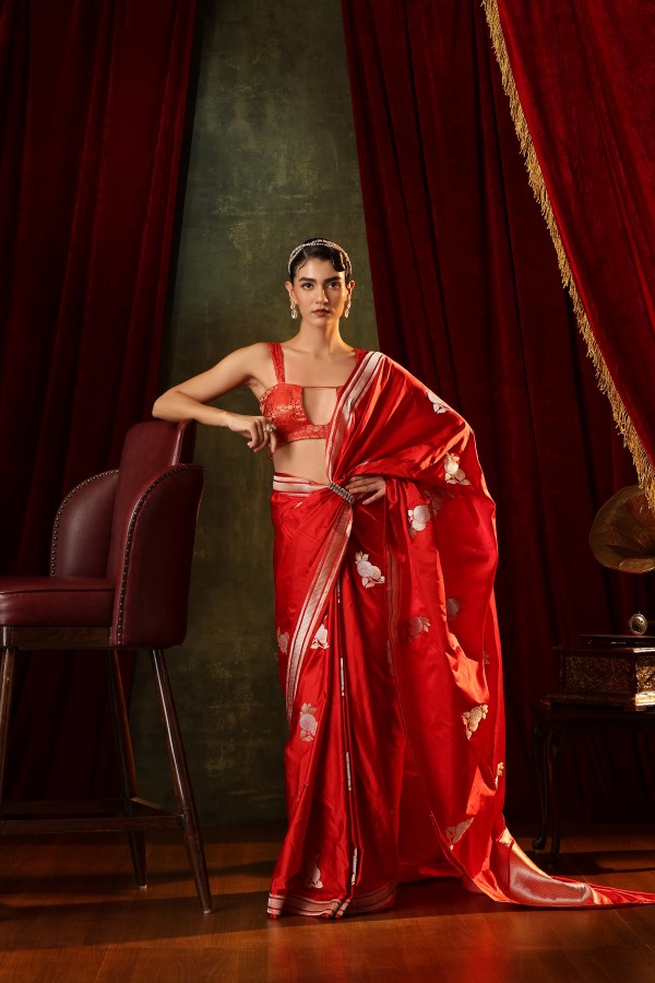 Red Pure Soft Satin Silk Banarasi Handloom Saree