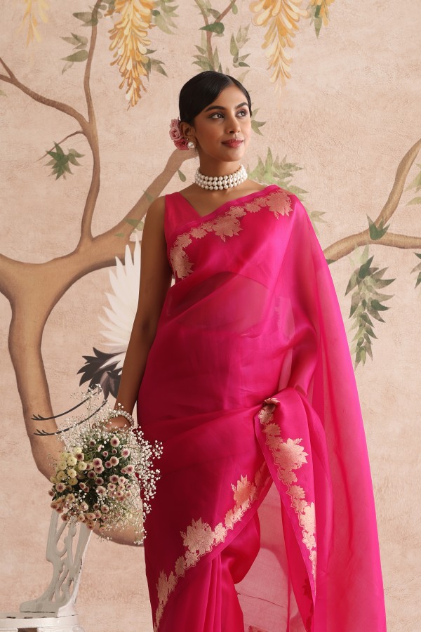 Pink Pure Organza Banarasi Handloom Sautri Saree