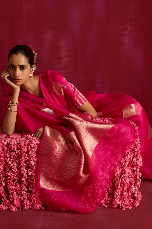  Pink Pure Organza Banarasi Handloom Sautri Saree