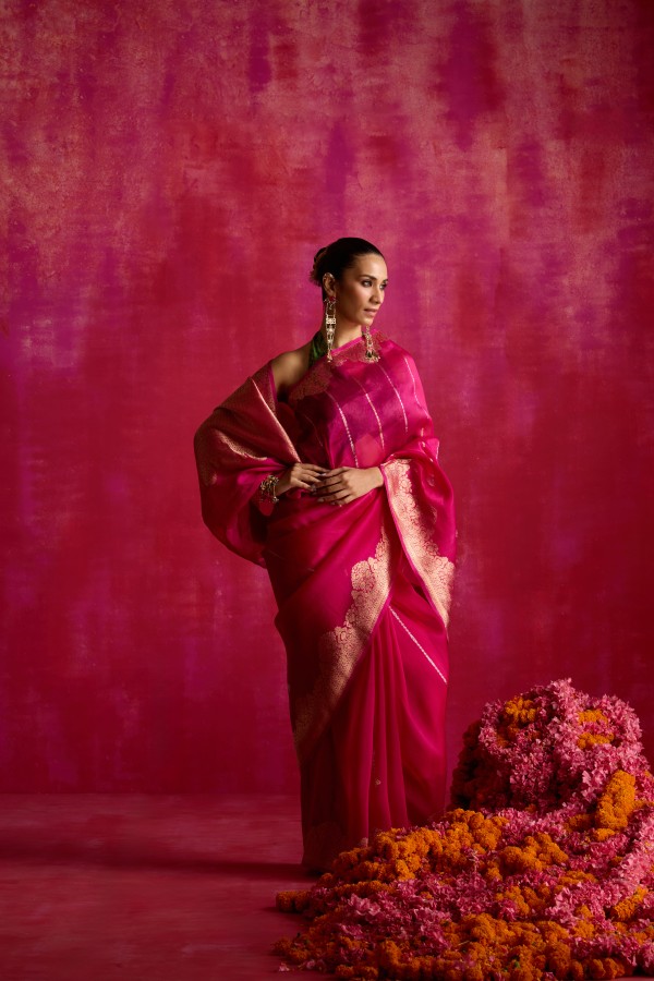 Pink Pure Organza Banarasi Handloom Sautri Saree