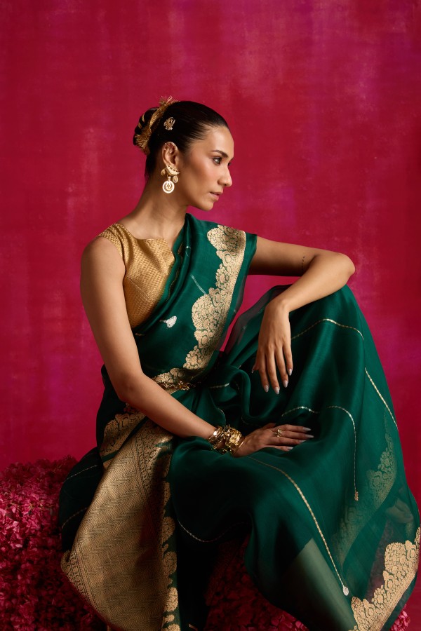 Green Pure Organza Banarasi Handloom Sautri Saree