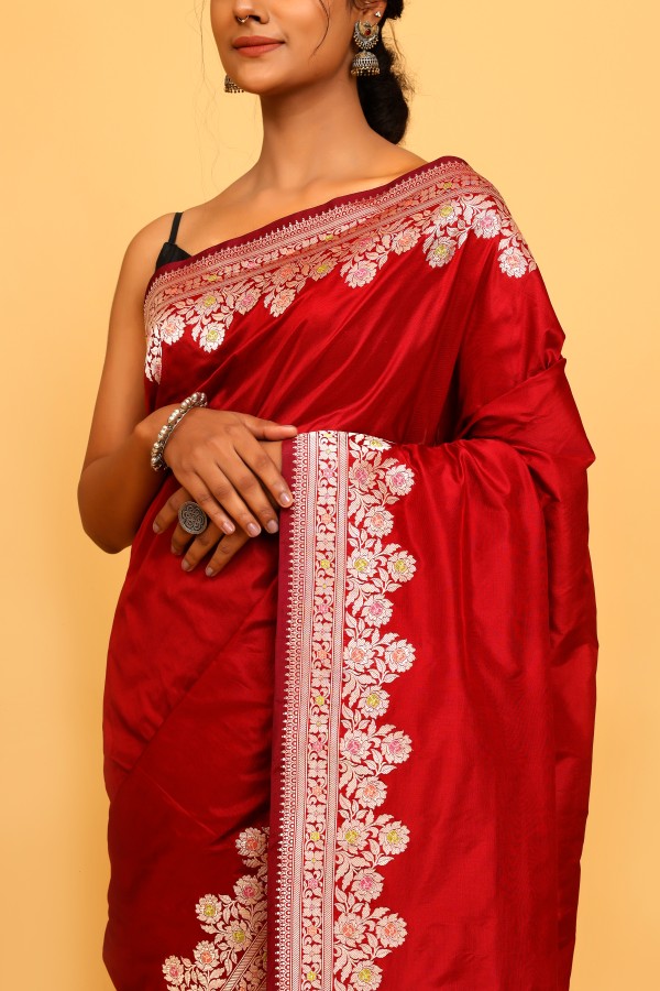 Handwoven Mehroon colour banarasi Silk saree